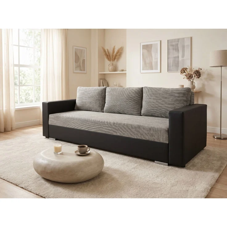 Schlafsofa Bird - Sofa mit Schlaffunktion und Bettkasten, Klappsofa, Schlafcouch mit Chromfüße, Couch, Couchgarnitur, Sofagarnitur (Schwarz + Grau (Dolaro 08 + Berlin 01)) – Bild 1