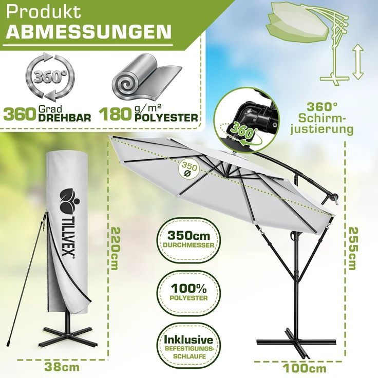 tillvex Sonnenschirm Grau Ø 350 cm Ampelschirm Gartenschirm Marktschirm Kurbel Balkon Alu Neigbar Grau - Ø350cm – Bild 2