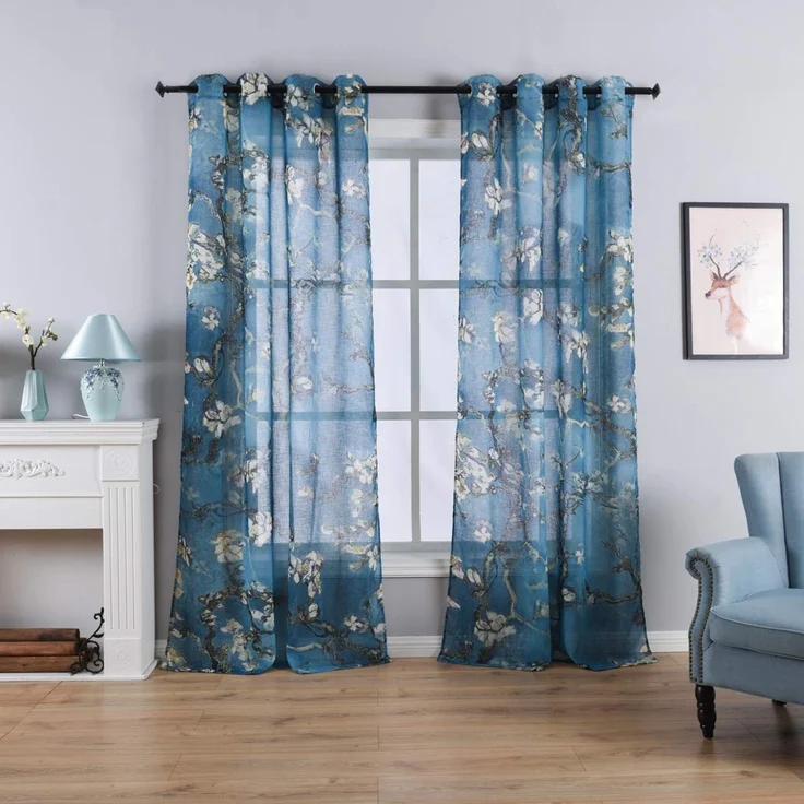 Taisier Home Transparente Vorhänge mit Aprikosenblüte, Bedruckt, Vintage-Blau, Vorhang für Schlafzimmer/Wohnzimmer, Elegante dekorative Vorhänge, 2 Paneele, Ring-Top-Stil, Druckvorhänge, 132,1 cm B x
