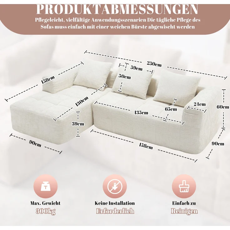 L-Form Sofa (3-Sitzer) mit Chaiselongue, Chenille, ohne Montage, 250x158x60 cm, Beige – Bild 10