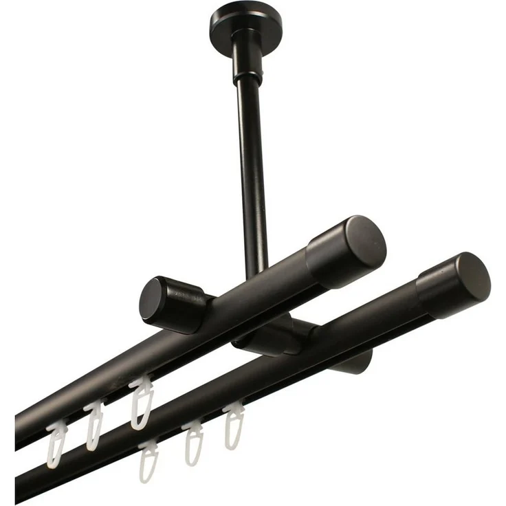 iso-design Gardinenstange Innenlauf 2-läufig schwarz Deckenmontage Endstücke Kappe, Ø 20 mm, 2-läufig, Fixmaß, mit Bohren, geschraubt, Metall, Deckenabstand durch Kürzung einstellbar zwischen 7 cm und 19 cm – Bild 1