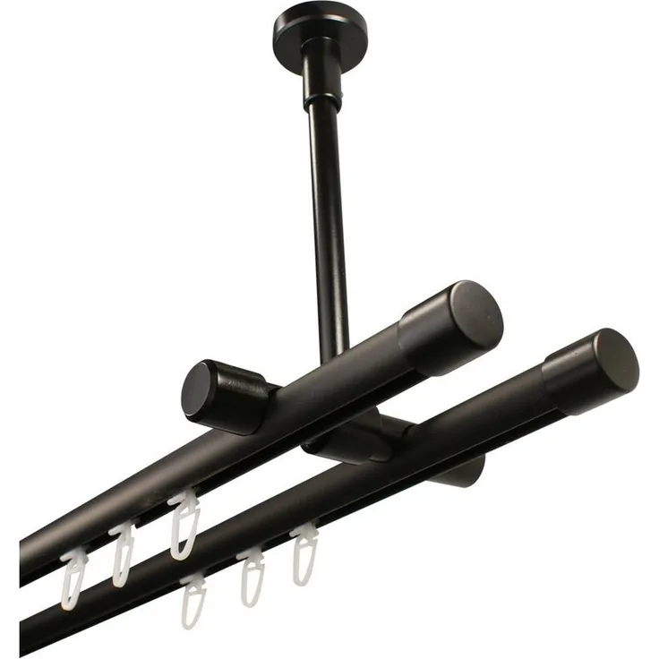 iso-design Gardinenstange Innenlauf 2-läufig schwarz Deckenmontage Endstücke Kappe, Ø 20 mm, 2-läufig, Fixmaß, mit Bohren, geschraubt, Metall, Deckenabstand durch Kürzung einstellbar zwischen 7 cm und 19 cm