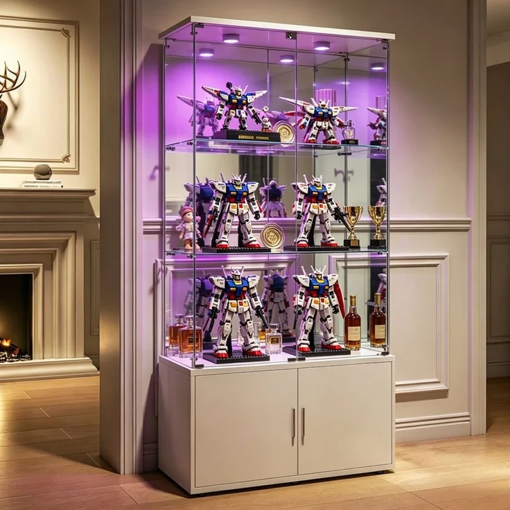 Simurq Glasvitrine Standvitrine aus Glas mit LED, Vitrinenschrank Schrank für Sammlung (Glas Vitrine mit 2 Glastür und 3 Lagen, Glasschrank mit Schloss) Vitrine aus Glas, perfekt für Sammler, Sammelvitrine – Bild 1