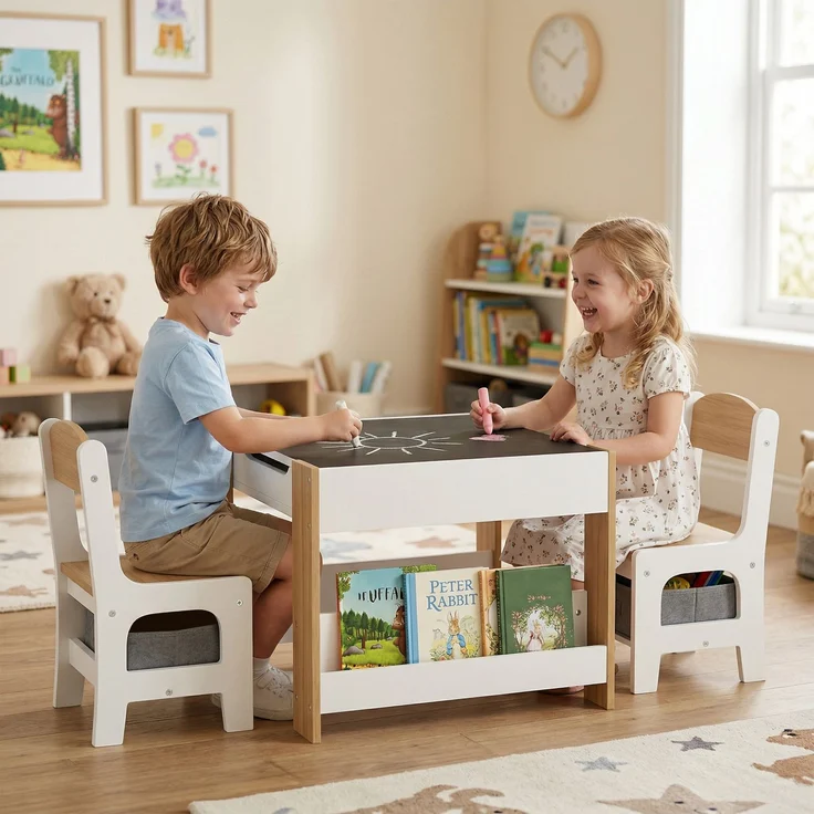 Kindertisch mit 2 Stühlen, 3-teilig, wendbare Tafelplatte, Aufbewahrungskorb und Ablagen – Bild 4