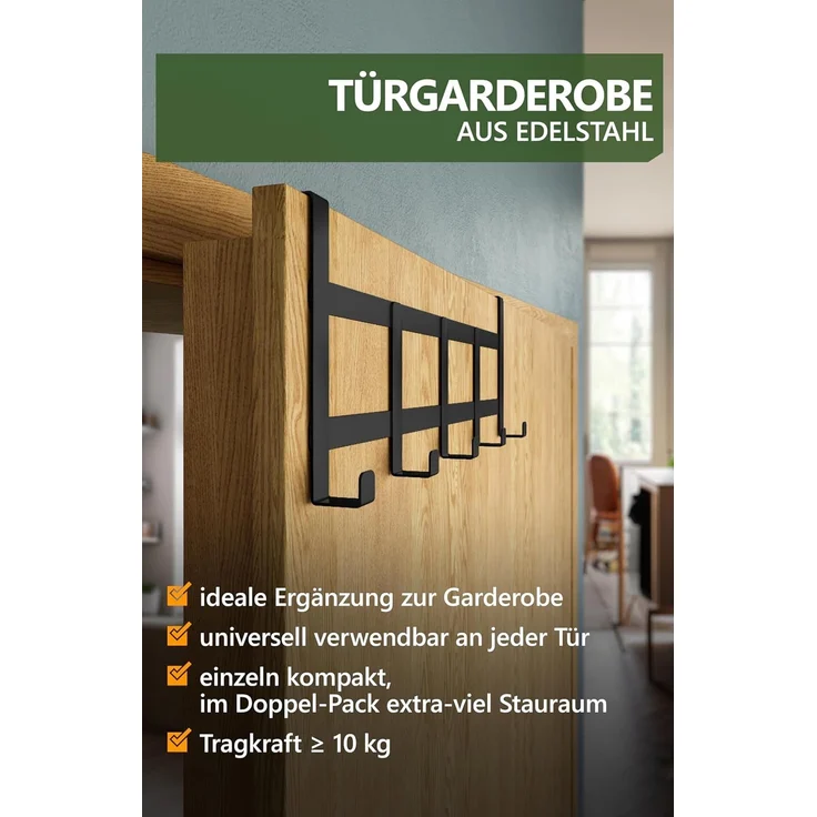 4smile Türgarderobe zum Einhängen - Universelle Türhaken für deutsche Türen, Kleiderhaken Tür - Stabile Türhakenleiste, Haken zum Einhängen als Ordnungshelfer, Fb. Schwarz – Bild 2