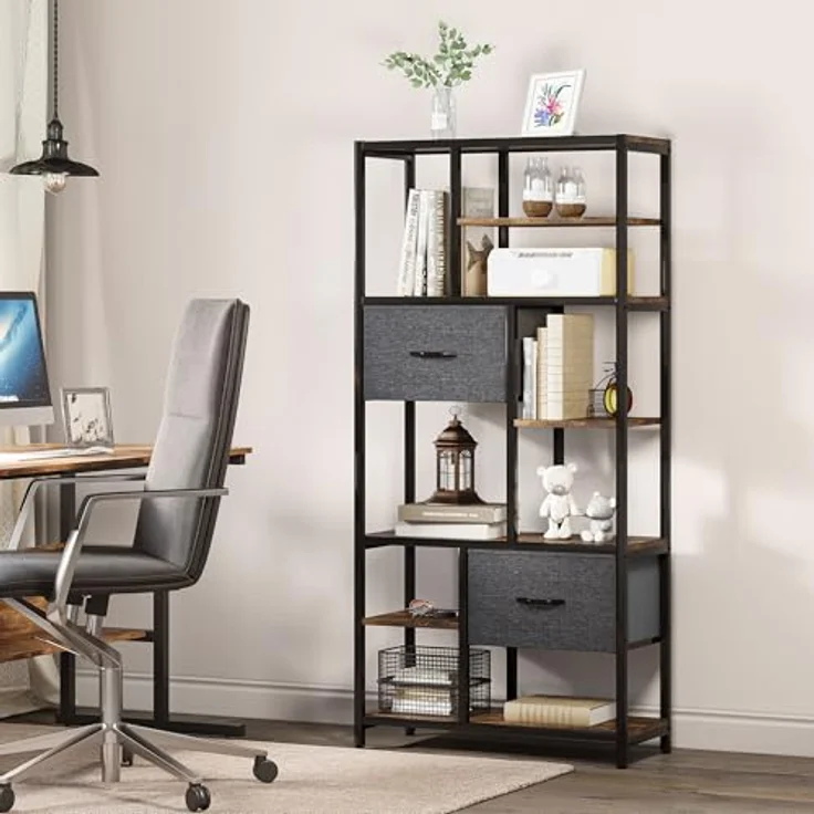 YITAHOME Bücherregal mit Schubladen, 7-stöckiges Standregal mit Stahlrahmen, Bodenstehendes Lagerregal, Industrieregal Aufbewahrungsregal, für Wohnzimmer, Büro, Flur, Küche, Vintagebraun Regal – Bild 8