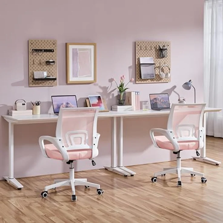 Yaheetech Bürostuhl Ergonomisch, Schreibtischstuhl mit Netzbespannung und Armlehnen, Drehstuhl aus Mesh, Chefsessel Wippfunktion, Höhenverstellbar Rückenschonend bis 136kg Belastbar, Rosa – Bild 5