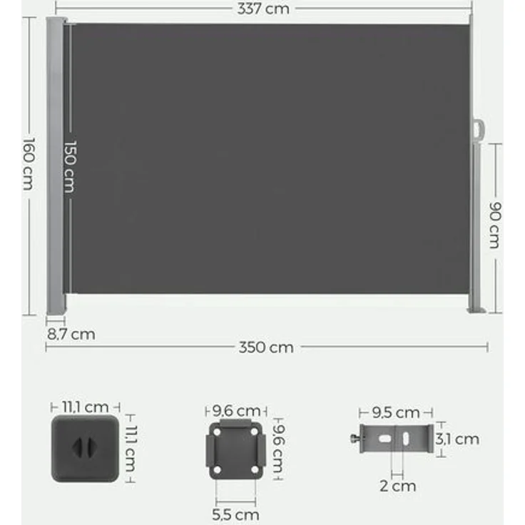 SONGMICS Seitenmarkise mit Stahl-Kasten, rostbeständig, ausziehbar, Anthrazit, 160x350 cm – Bild 2