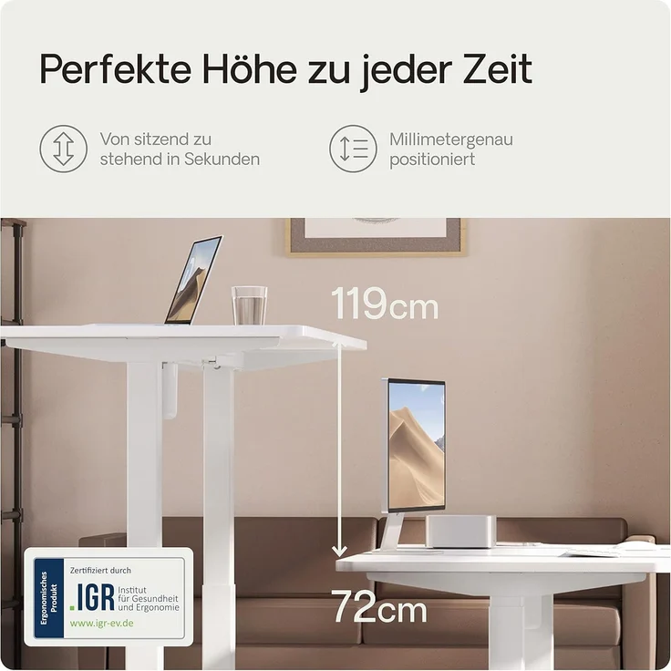 Desktronic Elektrisch Höhenverstellbarer Schreibtischgestell HomeOne , Weiß, mit Memory-Funktion, Anti-Kollisions Technologie, USB-A und USB-C-Ladeanschlüssen – Bild 6