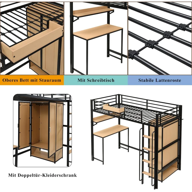 Hochbett mit, Schreibtisch, Regal, Kleiderschrank, Lattenrost, Leiter, Rausfallschutz und Aufbewahrungsbox, 90x200cm, Kinderbett, Metallbett – Bild 4