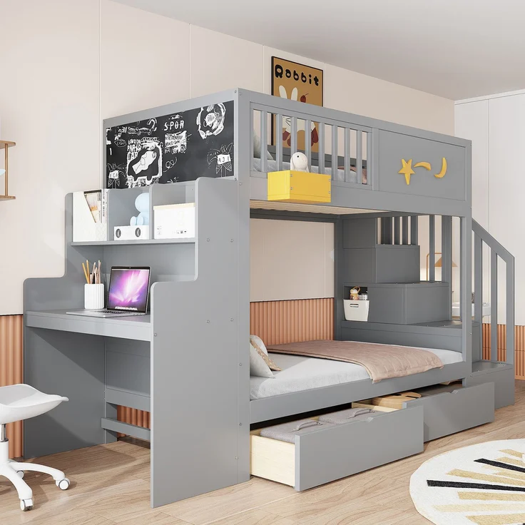 Etagenbett für Kinder mit Aufbewahrungsschubladen, Sicherheitstreppe, Schreibtisch und Sternenmotiv – 90 x 200 cm Massivholzrahmen aus Kiefernholz, Grau – Bild 2