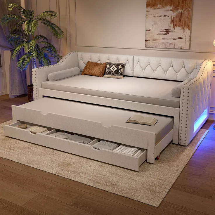 Gepolstertes Tagesbett 90x200 cm mit LED-Licht, Ausziehbett und 3 Schubladen, Beige
