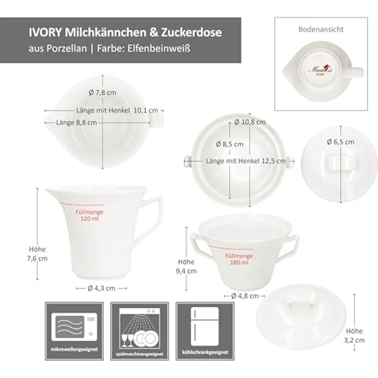 MamboCat Milch- und Zuckerset 2tlg. Set Ivory Milchkännchen & Zucker-Dose Porzellan Kanne weiß, Porzellan – Bild 5