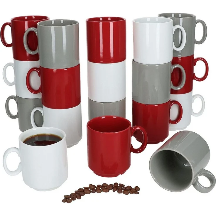 MamboCat Becher MamboCat 18x Event Trio Kaffeebecher 250ml Grau Rot Weiß stapelbar, Porzellan – Bild 5