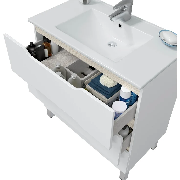 Badezimmer-Set >LEA< (3-tlg.) in Weiß glänzend / Eiche Dekor - 80x86x45 (BxHxT) – Bild 2