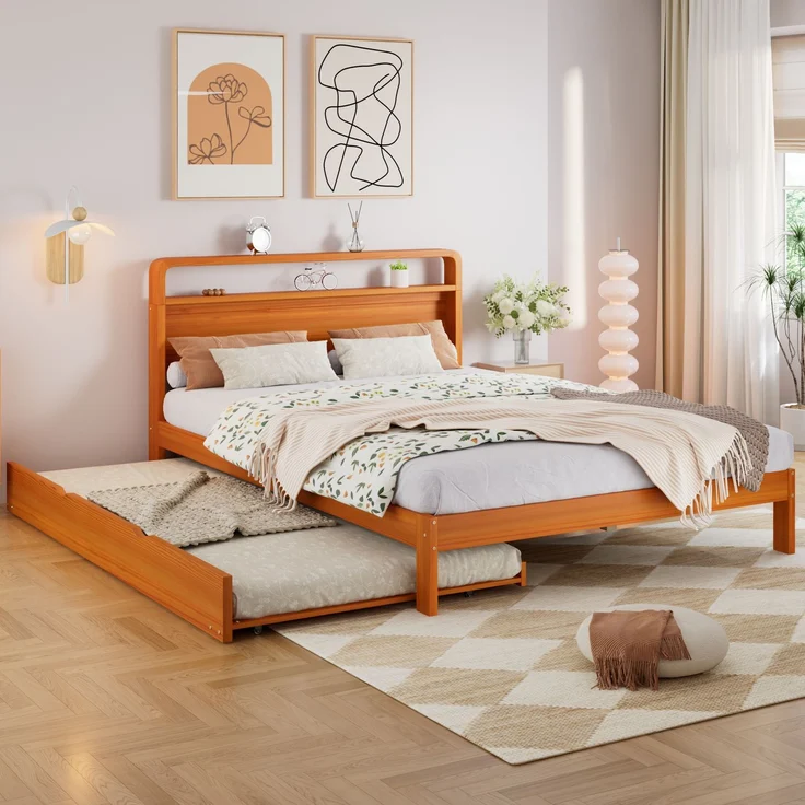 Holzbett 140x200 cm mit Ausziehbett 90x190 cm, naturfarbenes Doppelbett mit Gästebett, abgerundetem Kopfteil und platzsparender 2-in-1 Funktion – Bild 3