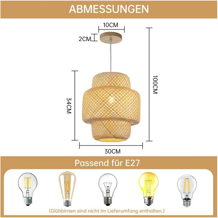 JDONG Pendelleuchte 30CM Pendelleuchte Boho lampe Lampenschirm Bambus E27, ohne Leuchtmittel, Rustic, Handgeflochtene Vintage schlafzimmerlampe,Beige, Beleuchtung Dekoration, für Wohnzimmer,Schlafzimmer,Küche,Esszimmer – Bild 3