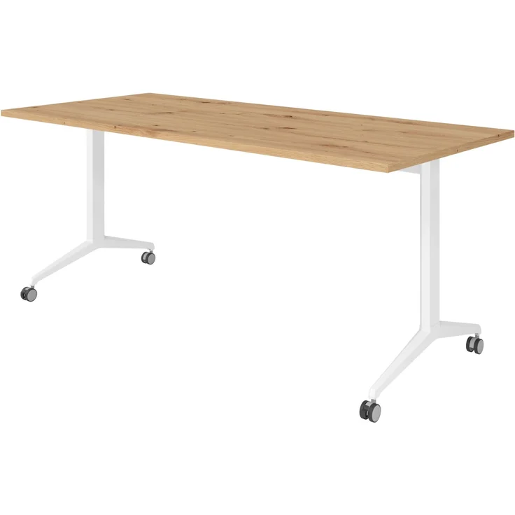bümö Seminartisch klappbar fahrbar 180x80 cm Asteiche, Gestell weiß - Klapptisch staffelbar, mit vier Doppelrollen Büro Schulungstisch, KFZ19-R-W – Bild 1