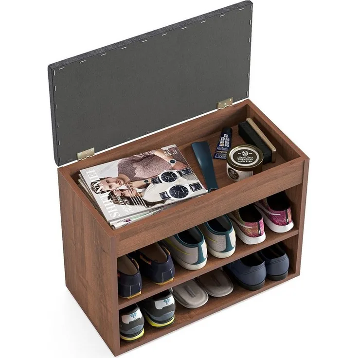 KOMTO Schuhschrank Schuhbank mit Sitzfläche Schuhregal Bank Sitzbank Flur Bank Sofia Nussbaum 60 x 48 x 32 cm