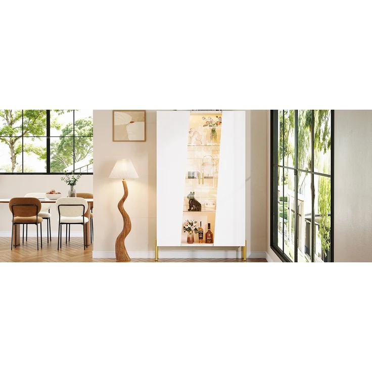 ZUBALIYA LED-Beleuchteter Glasschrank 72 x 40 x 145 cm, mit asymmetrischer gehärteter Glastür, 3 Glasböden, Metallgriff und Metallfüßen, als Vitrine, Esszimmerschrank, Bücherregal,Weiß – Bild 16