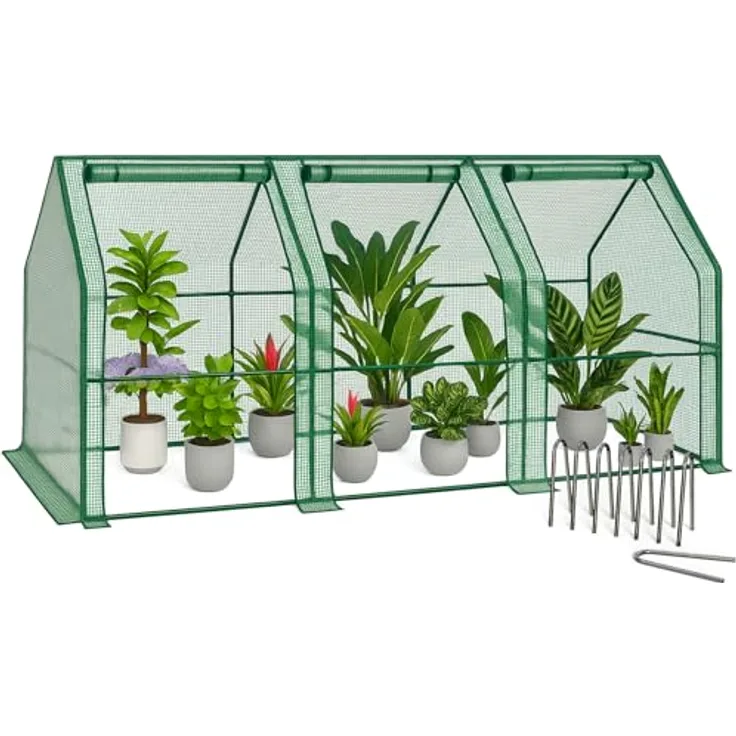 VOUNOT Gewächshaus Mini 270x90x90 cm mit 3 Rolltür, Klein Foliengewächshaus für Balkon, Garten, Tomatengewächshaus Stabil Winterfest Wetterfest, Verstärkte PE-Folie 135g/m², Grün