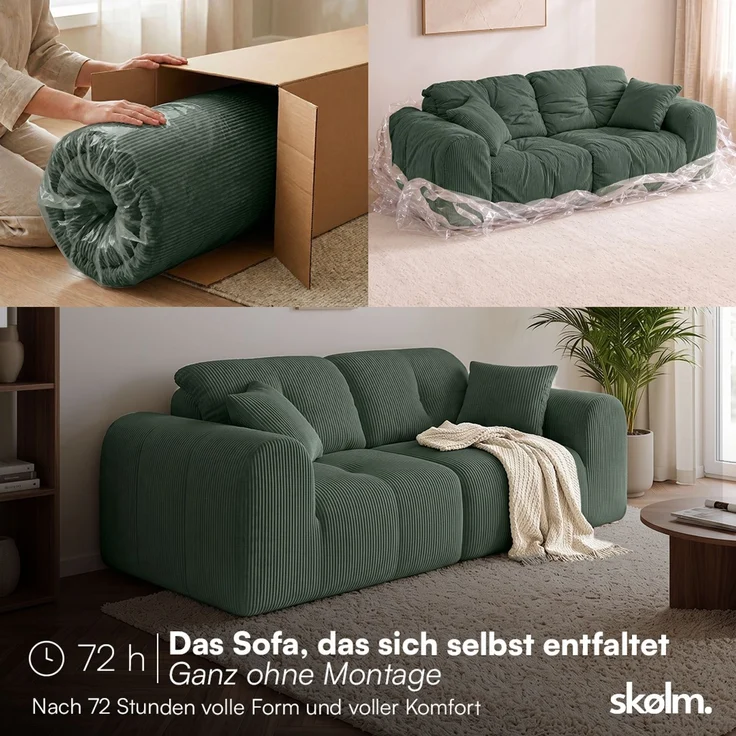 skølm 'Vanaheim' Sofa 2 Sitzer mit 2 Kissen, Cloud Sofa dunkelgrün, Cord, Vollschaumcouch mit Federkern und Vakuum-Kompression, kein Aufbau erforderlich – Bild 3