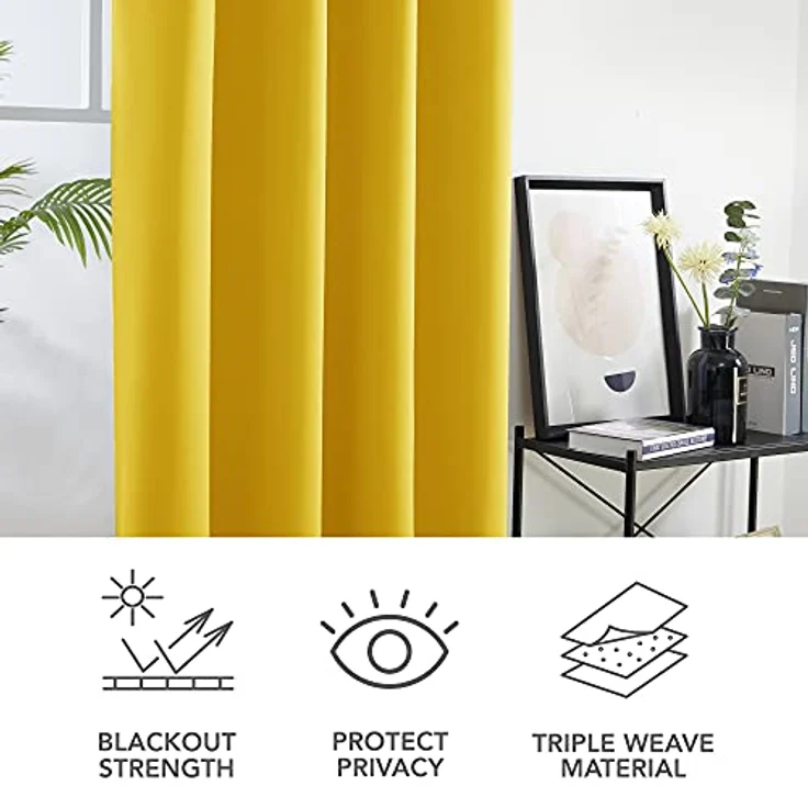 Deconovo Blickdichte Gardinen Kälteschutzvorhang Lichtundurchlässige Vorhänge Wohnzimmer, 183x132 cm(HöhexBreite), Senfgelb, 2er Set – Bild 7
