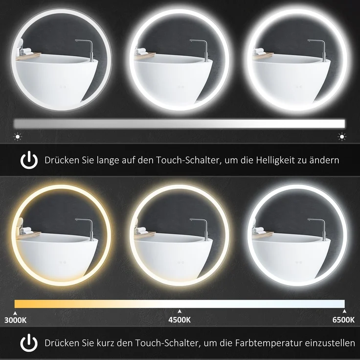 Badezimmerspiegel Badspiegel Runder Spiegel, LED-Licht, Touch-Funktion, kein Beschlagen, 60 x 60 cm--Weiß+Silber--60x3x60cm--YOUDENOVA – Bild 7