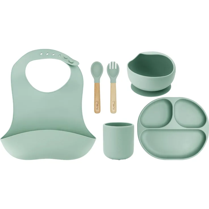 MoMi Kindergeschirr mit Essbesteck AMI, 6-teiliges Set: Lätzchen, Löffel, Gabel, Teller, Schüssel 360 ml, Becher 180 ml, aus Silikon, spülmaschinenfest und mikrowellengeeignet