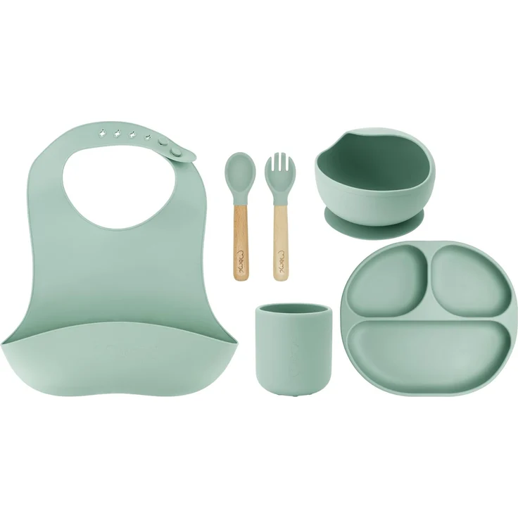 MoMi Kindergeschirr mit Essbesteck AMI, 6-teiliges Set: Lätzchen, Löffel, Gabel, Teller, Schüssel 360 ml, Becher 180 ml, aus Silikon, spülmaschinenfest und mikrowellengeeignet