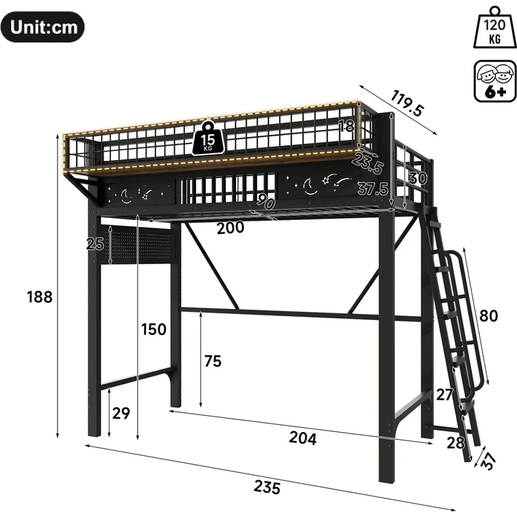Hochbett 90x200 cm aus Metall mit Staufächern und offener Unterebene – Ohne Matratze – Bild 5