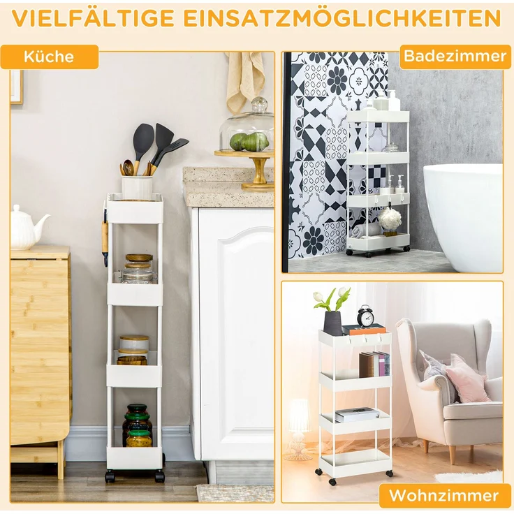 Küchenwagen mit 4 Regalen, 4 flexiblen Haken, 4 Rollen, 40 cm x 19 cm x 90 cm, Nischenwagen, Weiß--Weiß--40x19x90cm--YOUDENOVA – Bild 8