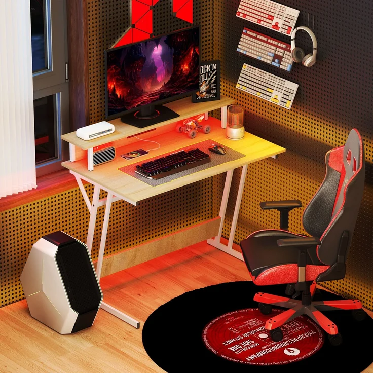 MELAYR, Gaming-Schreibtisch mit LED-Leuchten, 100 x 60 cm, Stromversorgung, 100 x 60 x 88,5 cm, Naturholz – Bild 4