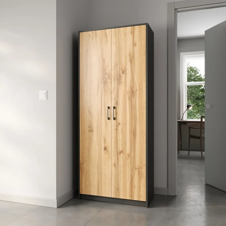 Home Collective Mehrzweckschrank Aktenschrank mit 5 Fächern Haushaltsschrank (74 cm breit aus Laminatplatte und hochwertigen Polymergriffen) in mattem Finish mit 4 Einlegeböden und 2 Türen graphit Eiche – Bild 4