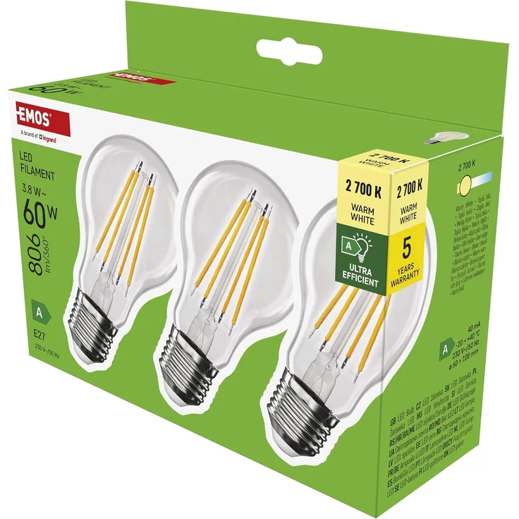 EMOS - LED-Lampe Filament A60 - A Klasse Vintage-Glühbirne - E27 Sockel - warmweiß - 806 lm - extra-sparsam, 3,8W (statt 60W Birne) - 50 000 Stunden - Winkel 360° - CRI min. 80-3er Pack