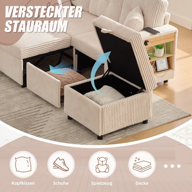 LVHOM Schlafsofa mit LED & USB, Ecksofa mit Ablagefächern, Schublade und Becherhaltern, Schlafcouch aus Cordstoff, frei Kombination, 196x144x85 cm – Bild 8