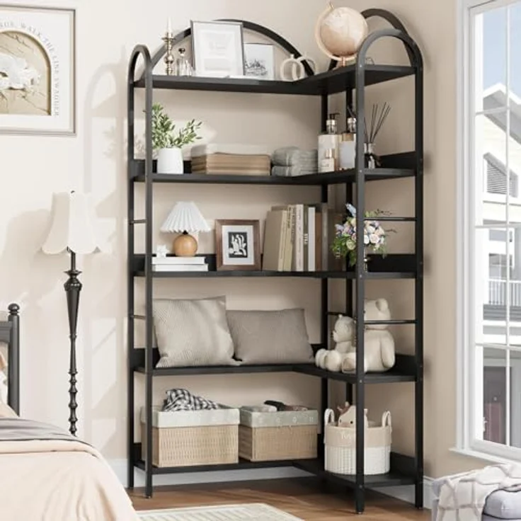 GarveeLife 5-Stufige Eckbibliothek, Bibliothek Aufbewahrun-l-Förmige Eckregal, Stehregal & Aufbewahrungsregal Für Wohnzimmer, Schlafzimmer, Büro & Arbeitszimmer 78p x 78l x 174h-Schwarz – Bild 4