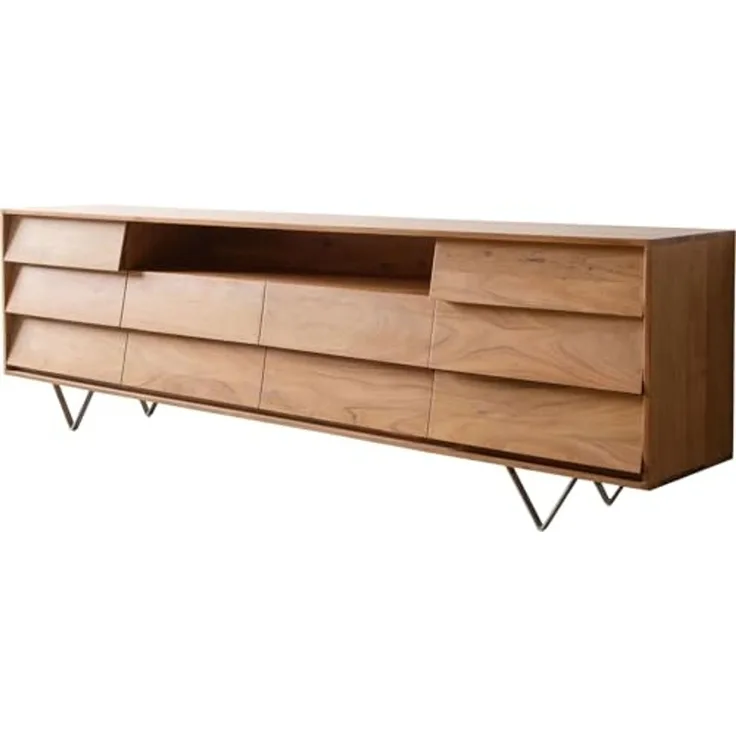 Sideboard Eloi 240x40 cm Akazie Natur 2 Türen 6 Schubladen V-Fuß Edelstahl