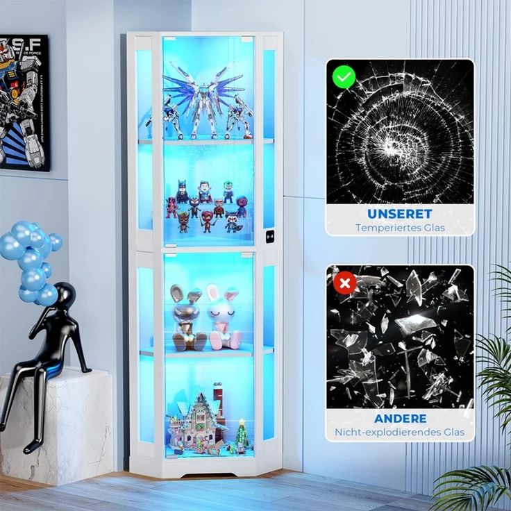Eckvitrine 56x165x37 cm, 4-stöckiger Glasvitrinenschrank mit LED-Beleuchtung und Acryl-Seitentüren, Weiß – Bild 7