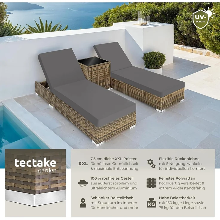 tectake 2er Lounge Sonnenliegen Set Plus Tisch – inkl. 2 Bezugsets und Schutzhülle, Outdoor Poly Rattan Gartenmöbel Set, 2X Gartenliege wetterfest - Natur – Bild 2