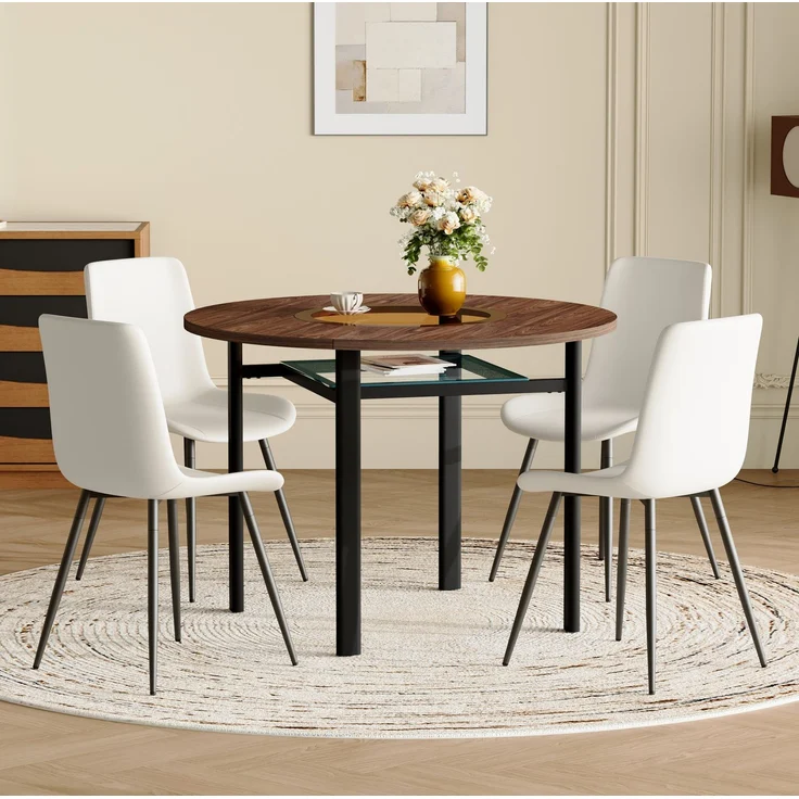 Essgruppe mit 4 Kunstlederstühlen, Tisch Ø 100x76 cm mit Glasablage, Braun/Schwarz/Weiß – Bild 3