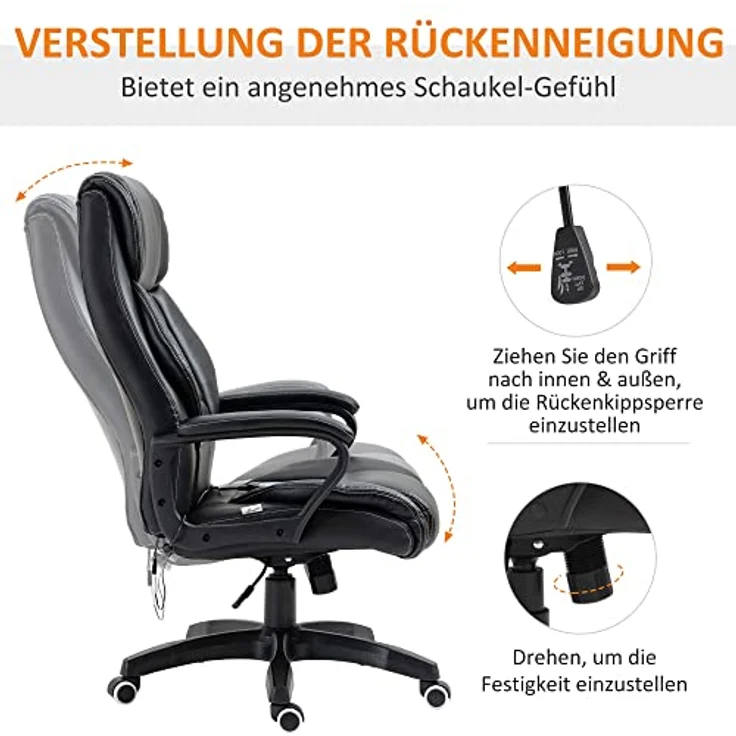 Vinsetto Massage-Bürostuhl, Schwarz, mit 4 Rücken- und 2 Sitzmassagepunkten, höhenverstellbar, Drehstuhl, 78x120x66 cm – Bild 7