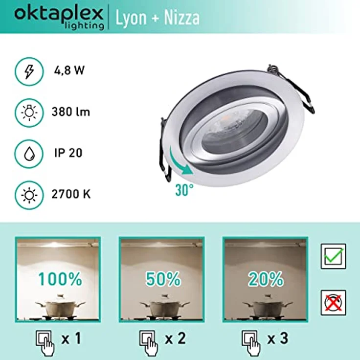 Oktaplex Lyon 3er Set Einbaustrahler mit 3 Stufen dimmbaren LED Modulen, 4,8W 2700K Warmweiß, schwenkbar, Einbaudurchmesser 80mm – Bild 3