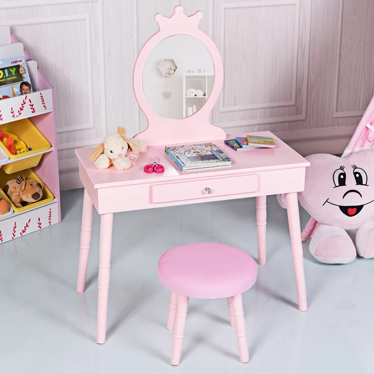 COSTWAY Kinder Schminktisch mit Hocker und abnehmbarem Spiegel, Holz pink, 34 x 70 x 100 cm – Bild 1