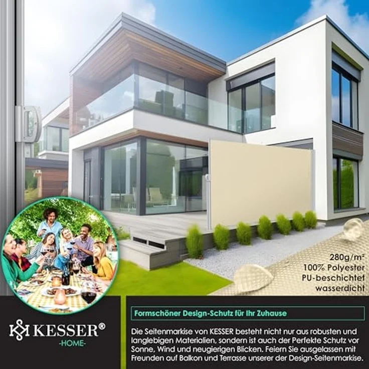 KESSER® Alu-Seitenmarkise Ausziehbar & Blickdicht | Garten-Sichtschutz & Windschutz mit Aufrollautomatik für Balkon & Terrasse | Seitenrollo inkl. Regencover mit Wandhalterung Beige, 300 x 180 cm – Bild 3