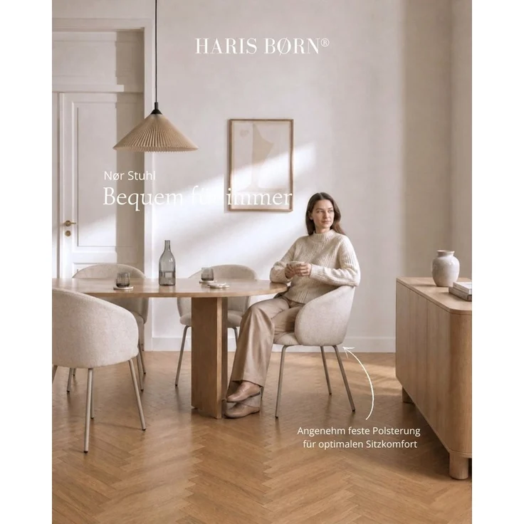 Haris Børn Esszimmerstuhl mit Armlehnen NØR - Hochwertige Polsterstühle für Esszimmer (Set, 6 St), Beige/Beine hellgrau - Premium Esszimmer Stühle & Wohnzimmer Stühle – Bild 3