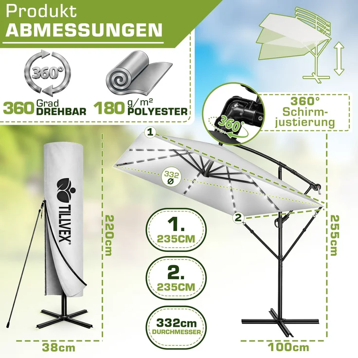 tillvex® Alu Sonnenschirm Rechteckig Ø 330 cm mit LED Solar Grau + Abdeckung mit Kurbel | Ampelschirm mit Ständer & Windschutz | Gartenschirm UV-Schutz, wasserdicht, 360° drehbar | Kurbelschirm Marktschirm – Bild 7
