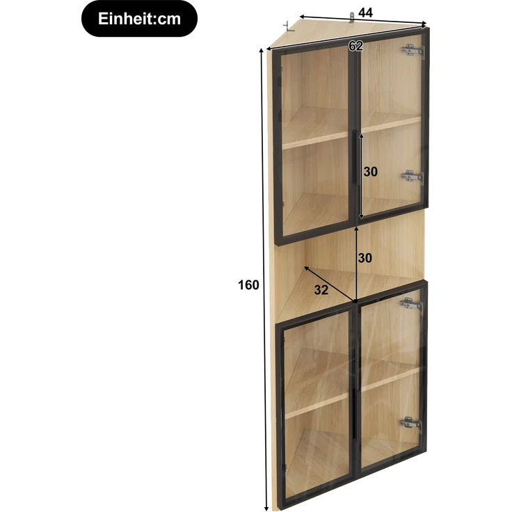 Flieks LED Eckvitrine 62×32×160 cm, Glasvitrine mit gehärteten Glastüren, Sammlungsvitrine & Bücherregal in Eichenoptik – Bild 4