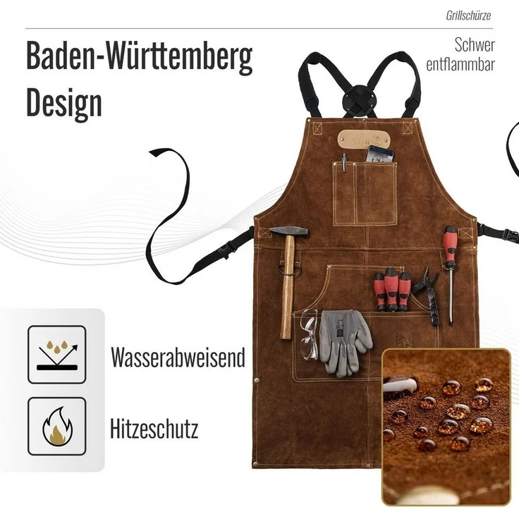BLACK FOREST FOX Grillschürze ROUGH Büffel Rau Wild Leder Arbeitsschürze, Grillschürze BBQ Kochschür, Hellbraun – Bild 3