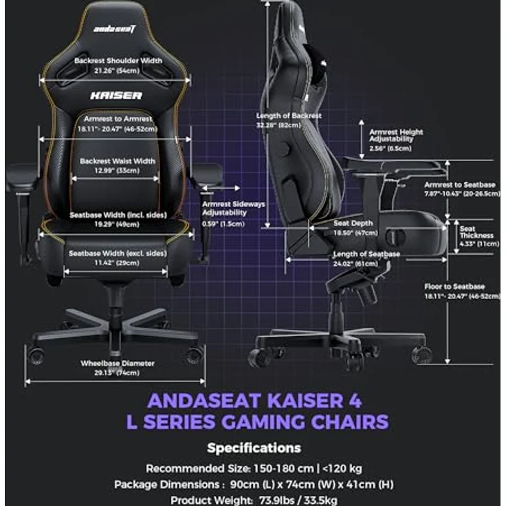 Anda Seat Kaiser 4 Gaming Stuhl Ergonomisch - Großer Gamerstuhle für Erwachsene mit 4-Stufen LendenwirbelstüTZE, Leinenstoff, Nacken- & Rückenstütze, Gamer Stuhl Schwarz Stoff – Bild 10